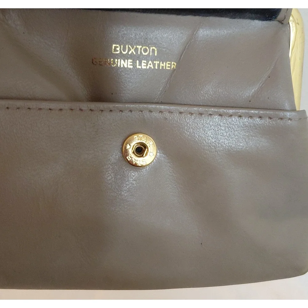Vintage Buxton Genuine Leather Kiss Lock Coin Purse Taupe Gold Frame